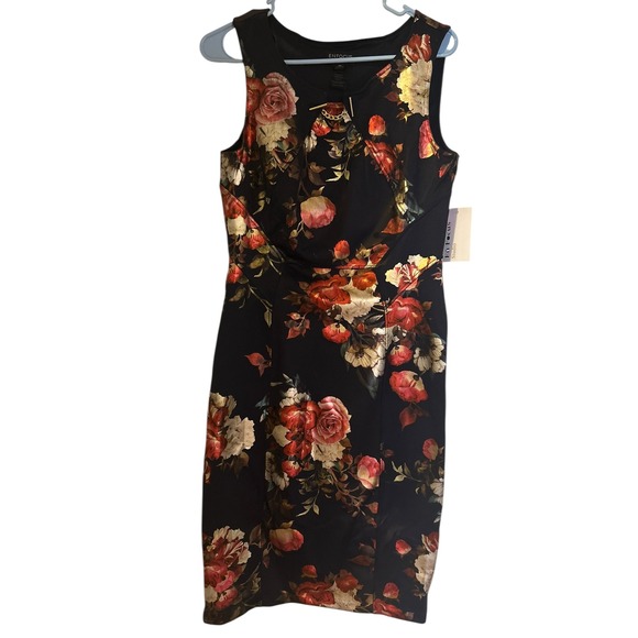 Enfocus Studio Women NWT Navy Floral Rose Chain Detail Sheath Dress Size 10 - Picture 2 of 8